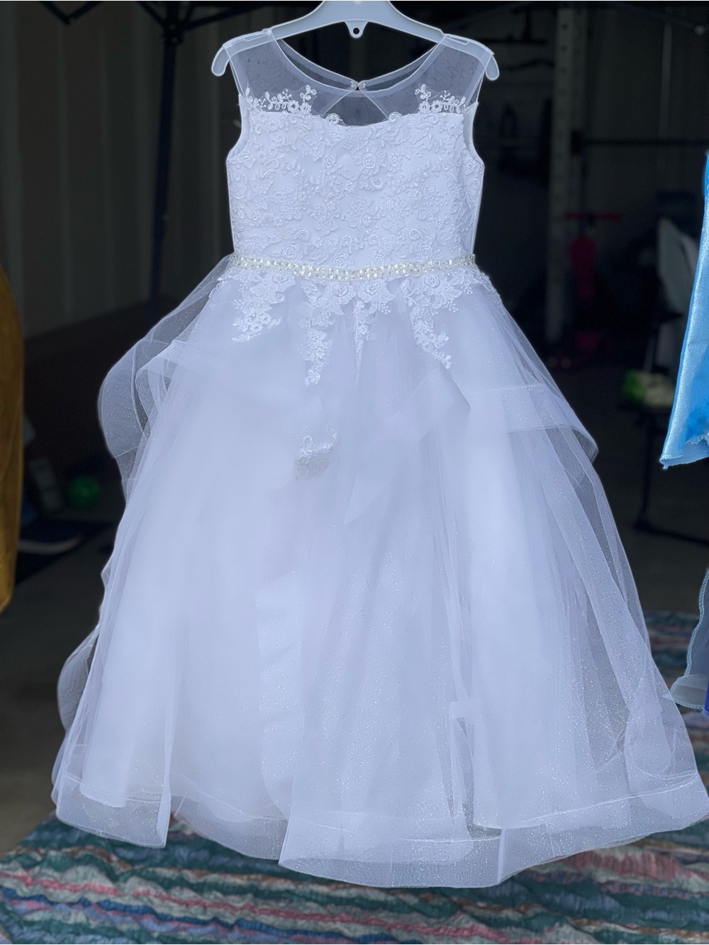 Girls White Lace & Tulle Flower Girl Dress with Sparkle Waist
